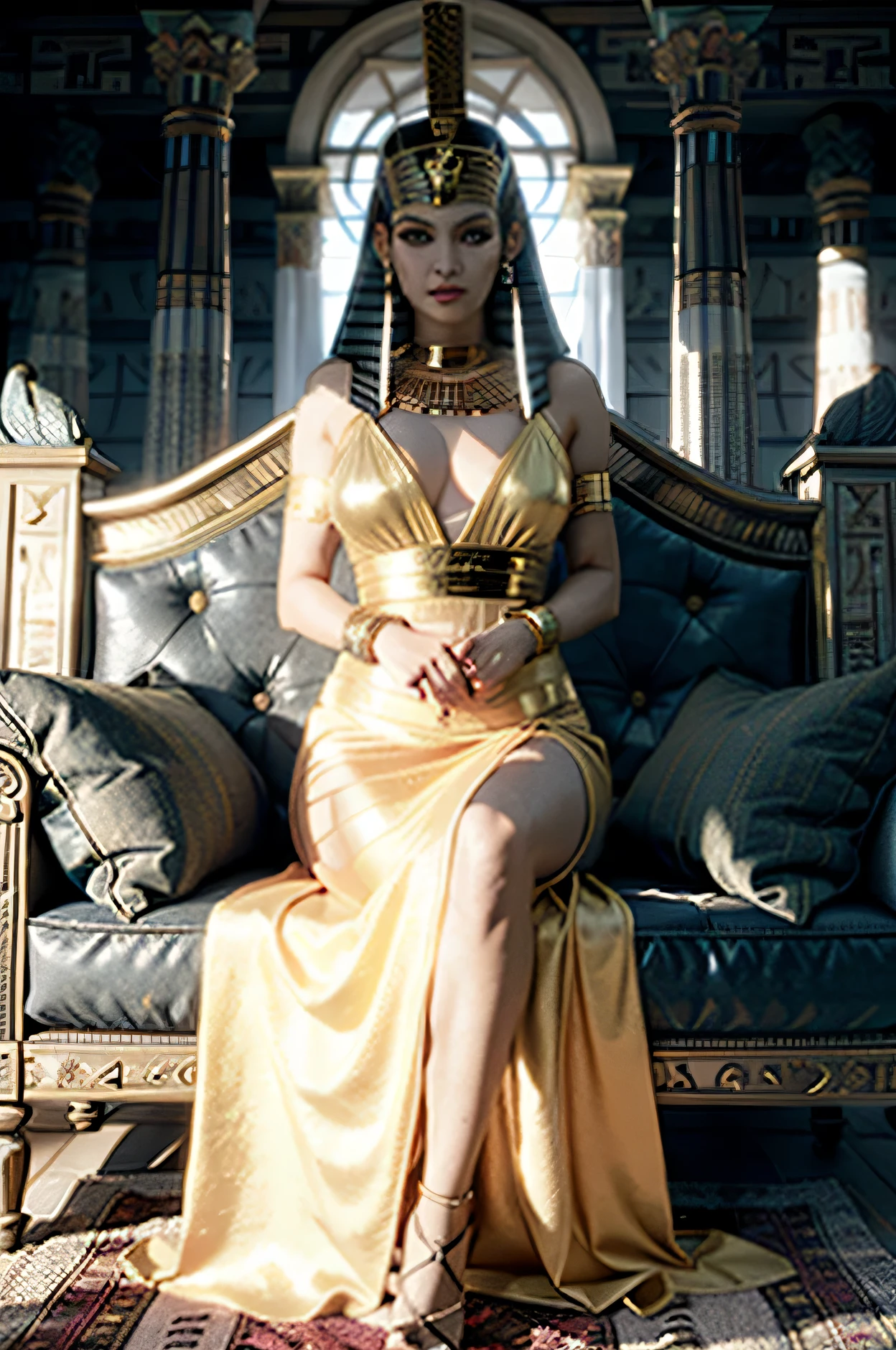 femme araffe, C’est une reine, blanc et grand, 30 ans, Cheveux noirs en chignon lâche, porter une couronne d&#39;oreilles de tigre, masque en or parsemé de diamants à côté des yeux, Visage fier, sautoir en or avec pendentif rubis, porter un haut Cléopâtre, jupe courte ornée de chaînes dorées, talons dorés, il est assis sur un trône en forme de crâne dans l&#39;ancien royaume égyptien, tenant un bâton en forme de tête de corbeau, (tout le corps), Animation 3D du corps entier.