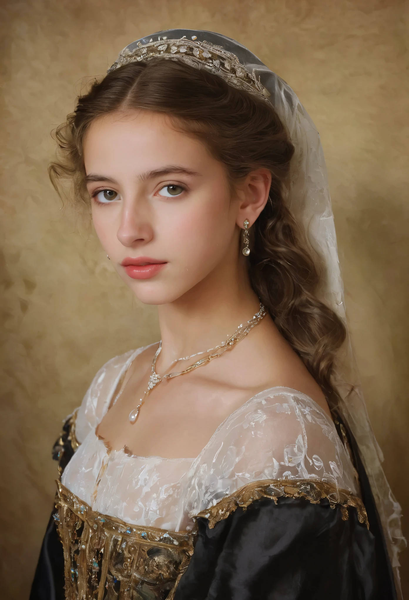(highres,masterpiece:1.2),(realistic:1.37), A portrait of a Jewish girl in the 20th century with unparalleled beauty. age 14, eldest daughter of a wealthy merchant, The lighting is soft and diffused, accentuating the girl's ethereal beauty. The colors are vibrant and rich, creating a captivating visual experience. The portrait is created in the style of classical portraiture, reminiscent of the works of renowned artists from the era. It exudes elegance, grace, and sophistication. A great masterpiece of the century, you can even feel the breath of the lively girl.
