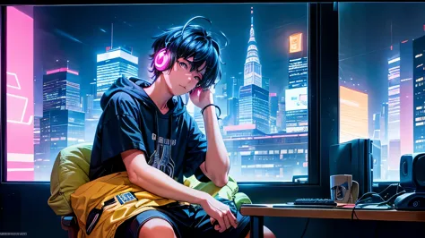 a modern boy reclines in his room, surrounded by the glow of neon lights and the hum of urban life outside. His sleek headphones...