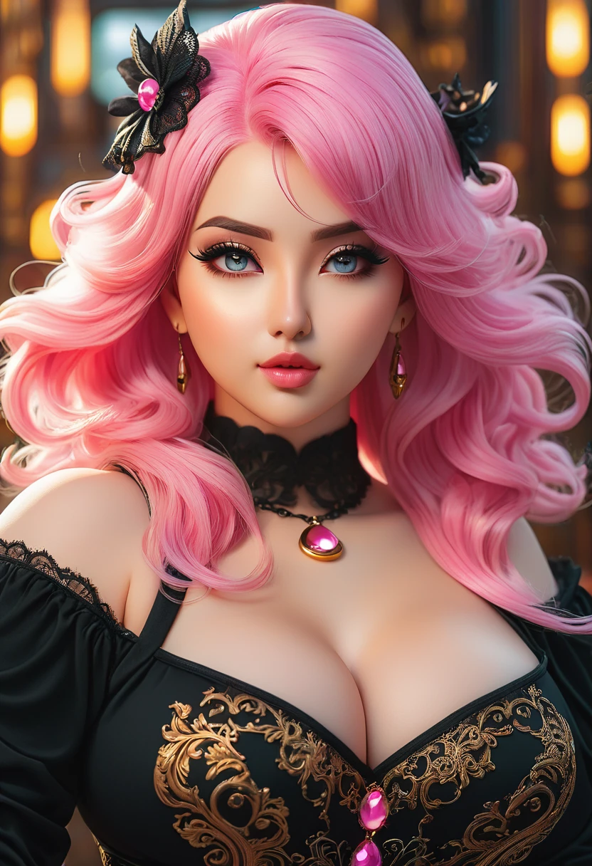 In a mesmerizingly portrayal, a women thick busty curvy and well proportional, a glam-goth goddess angel her Age 28, clean skin, midriff, pink hair, trending on cgsociety, epic, trending on artstation, highly detailed, vibrant, production cinematic character render, ultra-high-quality model, golden ratio manhwa, manhua, detailed eyes, background mysterious, does not produce same dress ,image when remixed.