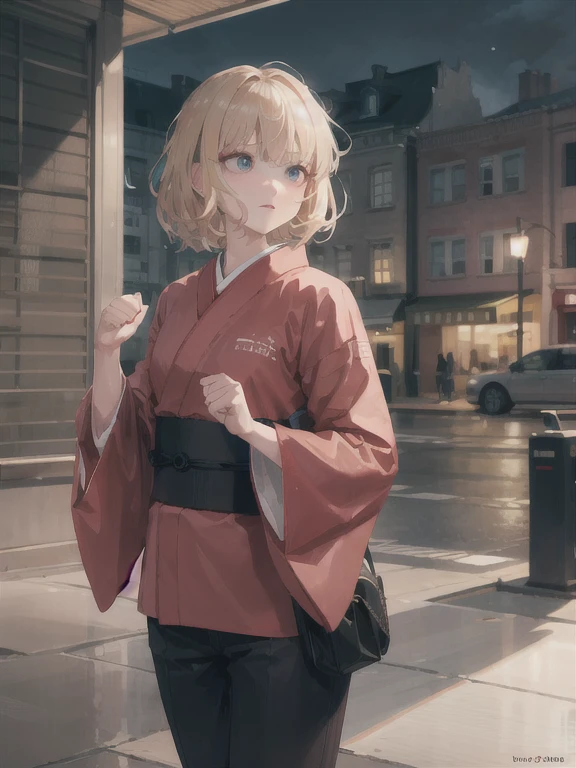 highest quality, masterpiece, One girl, teenager, alone, boredom, tired, Floating Kimono, Wide sleeves, stare, (Very detailed), Absurd, hair, let your hair down, Light blonde,Messy Hair, Genuine, RAW Photos, (Cowboy Shot),Red fine eyes, short hair, (photoGenuineistic:1.2), winter, night, strong rim lighting, Fighting Pose, incredibly Absurd,( Cinema Lighting), Flying Dragon