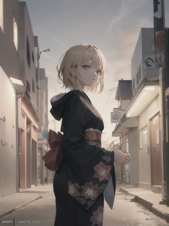 highest quality, masterpiece, One girl, teenager, alone, boredom, tired, Floating Kimono, Wide sleeves, stare, (Very detailed), Absurd, hair, let your hair down, Light blonde,Messy Hair, Genuine, RAW Photos, (Cowboy Shot),Red fine eyes, short hair, (photoGenuineistic:1.2), winter, night, strong rim lighting, Fighting Pose, incredibly Absurd,( Cinema Lighting), Flying Dragon