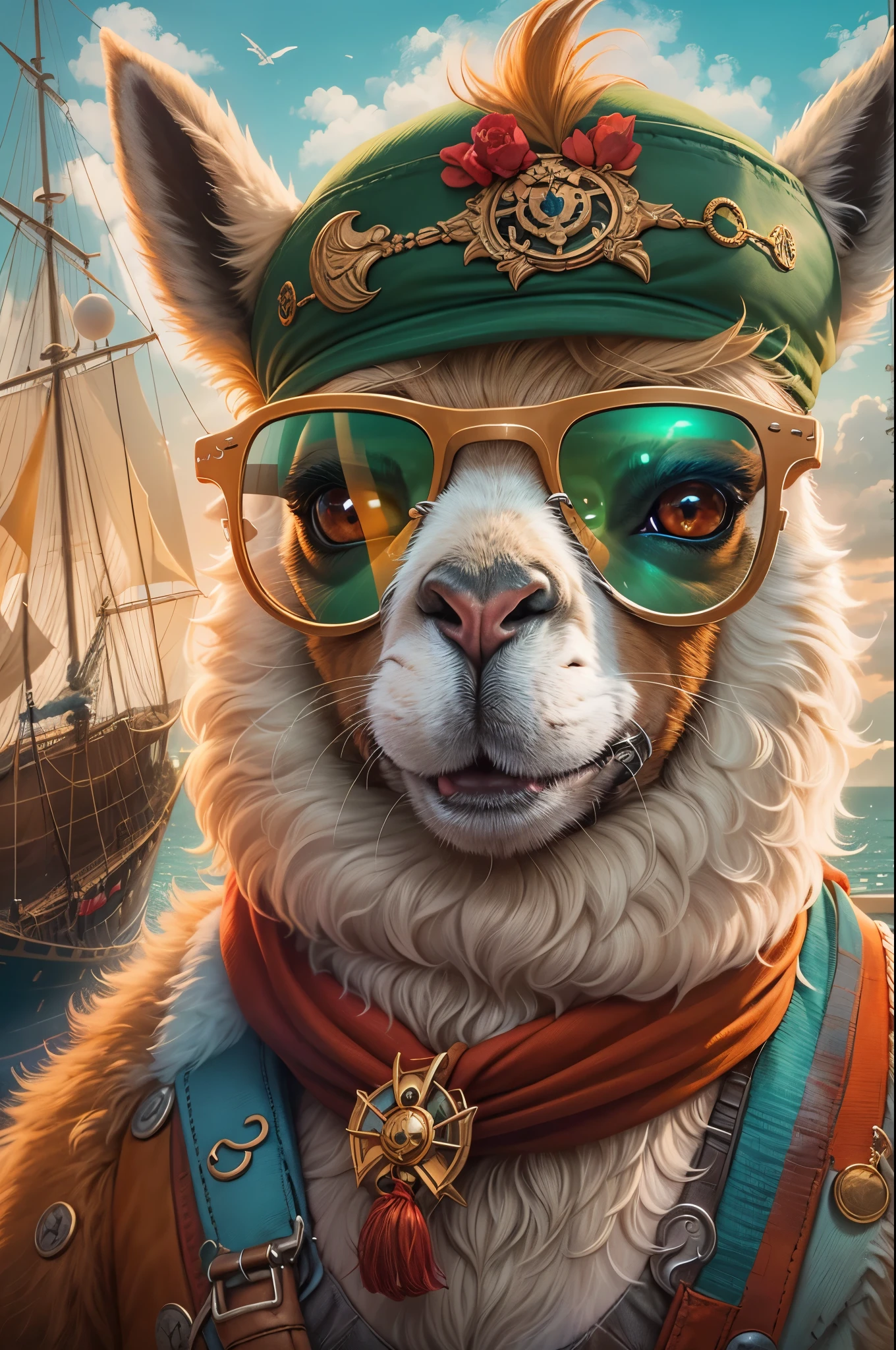 A hyperrealistic digital painting of an alpaca pirate, wearing sunglasses and bandana with a ship in the background. The style is reminiscent of Pixar's animation, with vibrant colors and detailed textures on its wool coat. It has expressive eyes that convey both curiosity and adventurous spirit.