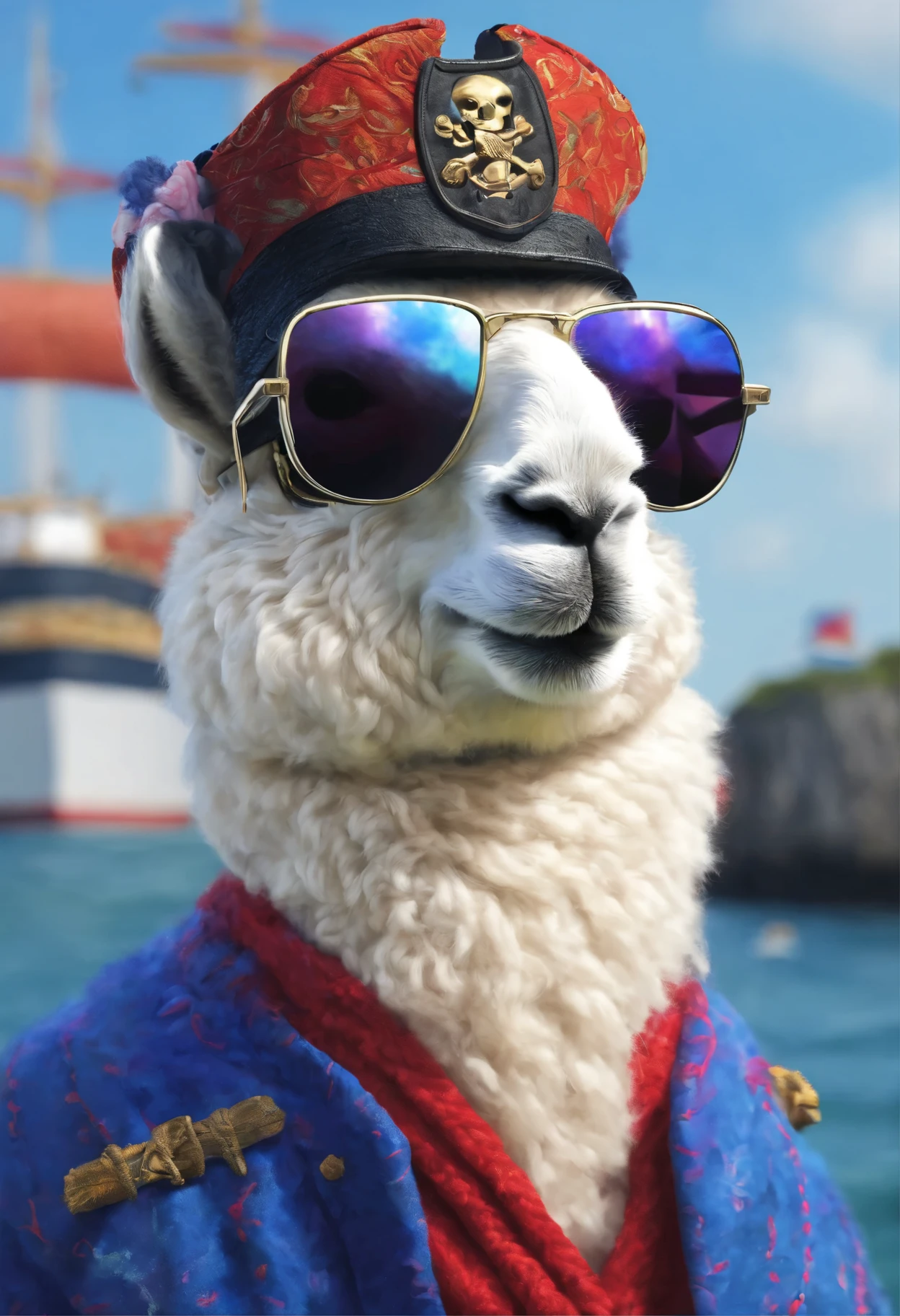 A hyperrealistic digital painting of an alpaca pirate, wearing sunglasses and bandana with a ship in the background. The style is reminiscent of Pixar's animation, with vibrant colors and detailed textures on its wool coat. It has expressive eyes that convey both curiosity and adventurous spirit.