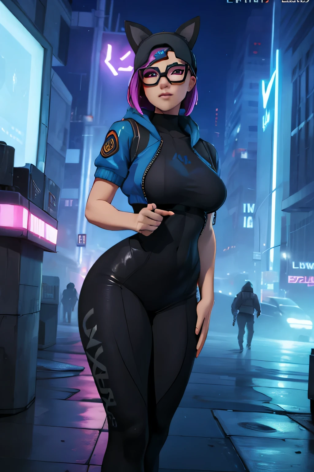 Gaming Zone Lynx, blue jacket with black, Gloves without fingers, Leggings negros, fine eyes, glasses, Neon city 