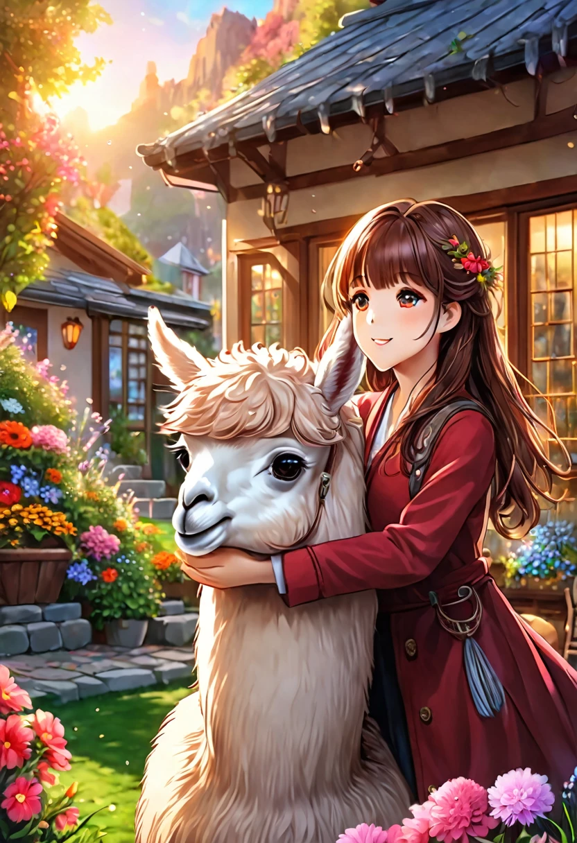 1girl, An Alpaca, aesthetic, a girl playing with an adorable alpaca,soft and fluffy fur,beautiful detailed eyes,peaceful garden,dainty flowers,cheerful atmosphere,colorful sunlight,best quality,ultra-detailed,photorealistic,playful poses,cute and amusing actions,joyful expressions,harmonious relationship,lovely companionship,exquisite details of alpaca's face and body, vibrant colors and textures,artistic rendering,bokeh lighting style,picturesque scenery, cozy and warm ambiance,blissful moments.