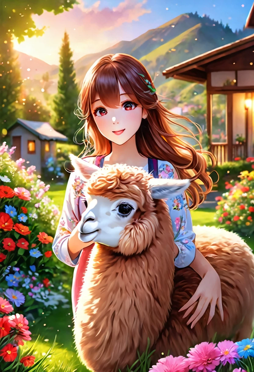 1 chica, una alpaca, estético, una niña jugando con una adorable alpaca,pelaje suave y esponjoso,Hermosos ojos detallados,jardín tranquilo,flores delicadas,ambiente alegre,Luz solar colorida,mejor calidad,ultra detallado,Fotorrealista,poses juguetonas,acciones lindas y divertidas,expresiones alegres,relación armoniosa,encantadora compañía,Detalles exquisitos del rostro y cuerpo de la alpaca., Colores y texturas vibrantes,representación artística,estilo de iluminación bokeh,paisaje pintoresco, Ambiente acogedor y cálido,momentos felices.