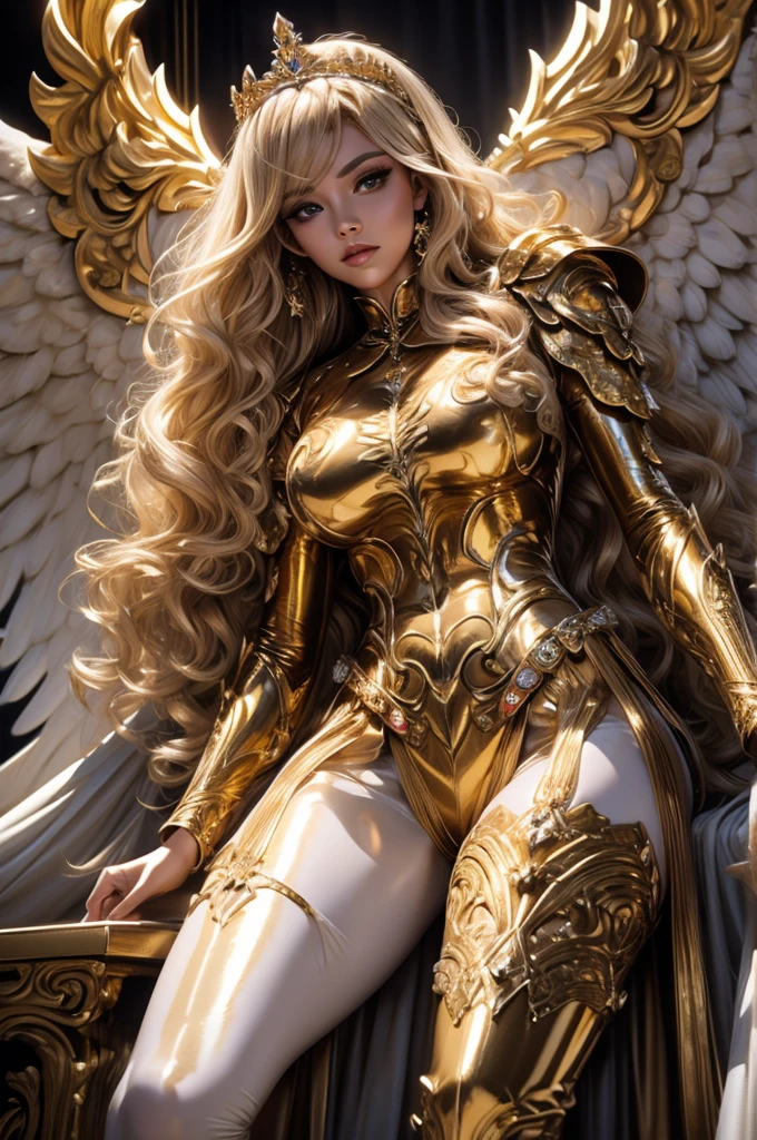 Best quality, 8K,woman vintage super hero, beautiful and detailed face, blonde curly long hair,gold tiara, big eyelashes,big angel´s wings,LOOKING TO observer,bronze metalic armour over bodystocking, SHINY GLOSSY PANTYHOSE,armlets,black belt,over the knee boots,white neutral scenario, dynamic angle