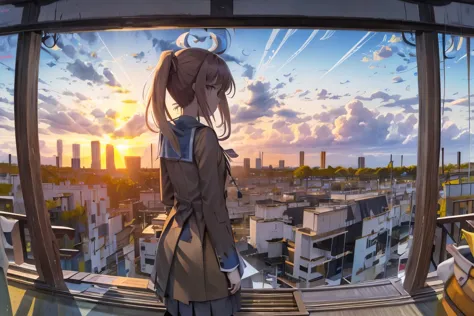 Just Monika silhouette observing the blue sky by the morning on the window, hello world