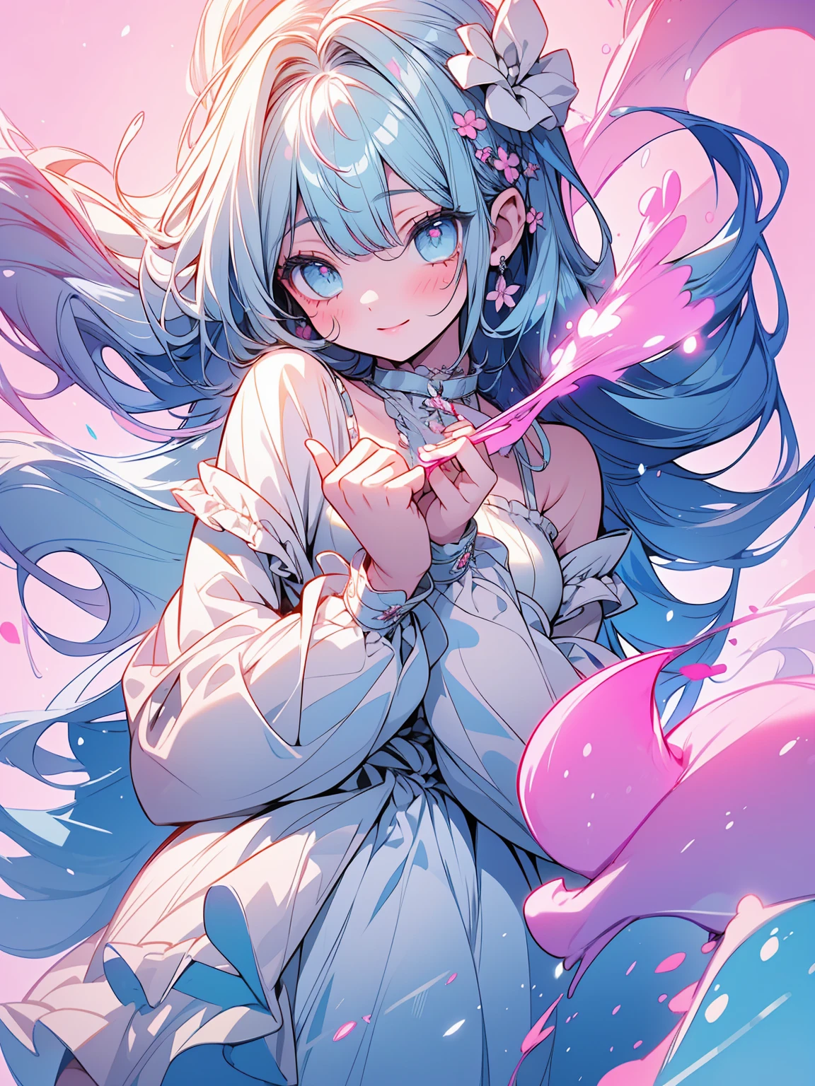 masterpiece, best quality, extremely detailed, (illustration, official art:1.1), 1 girl ,(((( light blue long hair)))), light blue hair, ,10 years old, long hair ((blush)) , cute face, big eyes, masterpiece, best quality,(((((a very delicate and beautiful girl))))),Amazing,beautiful detailed eyes,blunt bangs((((little delicate girl)))),tareme(true beautiful:1.2), sense of depth,dynamic angle,,,, affectionate smile, (true beautiful:1.2),,(tiny 1girl model:1.2),)(flat chest)),, face,

(masterpiece, amazing quality)), (unity 8k wallpaper), (absurdres), (ultra detailed, ultra highres: 1.5), (sharp focus), (insanely detailed), extremely detailed CG, super fine illustration, pastel colors, kawaii, cute colors, more_details:1.5, 1girl, hands up, cotton candy
BREAK The machine that creates infinity cotton candy, fairytale, dream country, pink sky, cute, floating cotton candys 