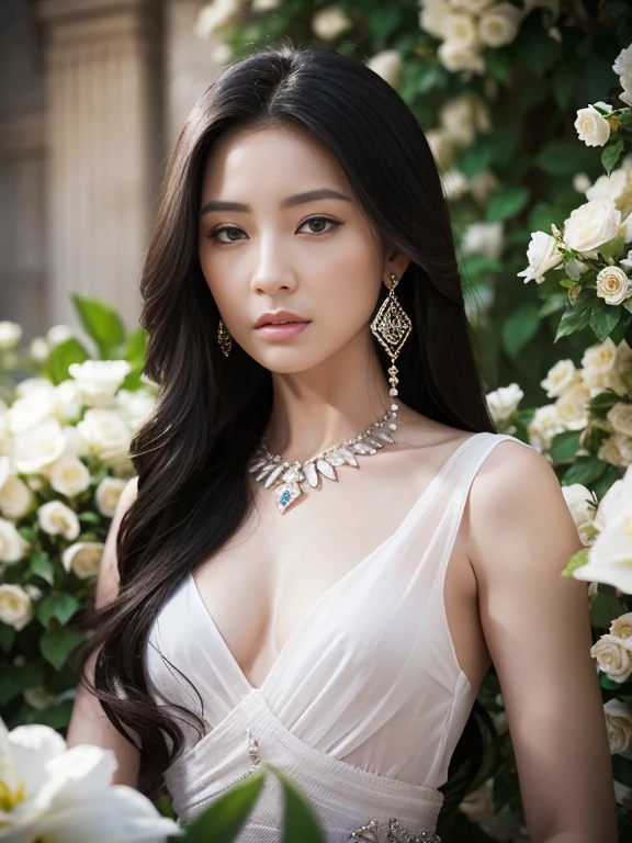 long-haired woman, black eye, royalty, white see-through dress, jewelry, earrings, , Noble, lady, high quality, very detailed, detailed face, masterpiece, city, garden, flowers, light,(((small breasts:1.1)))