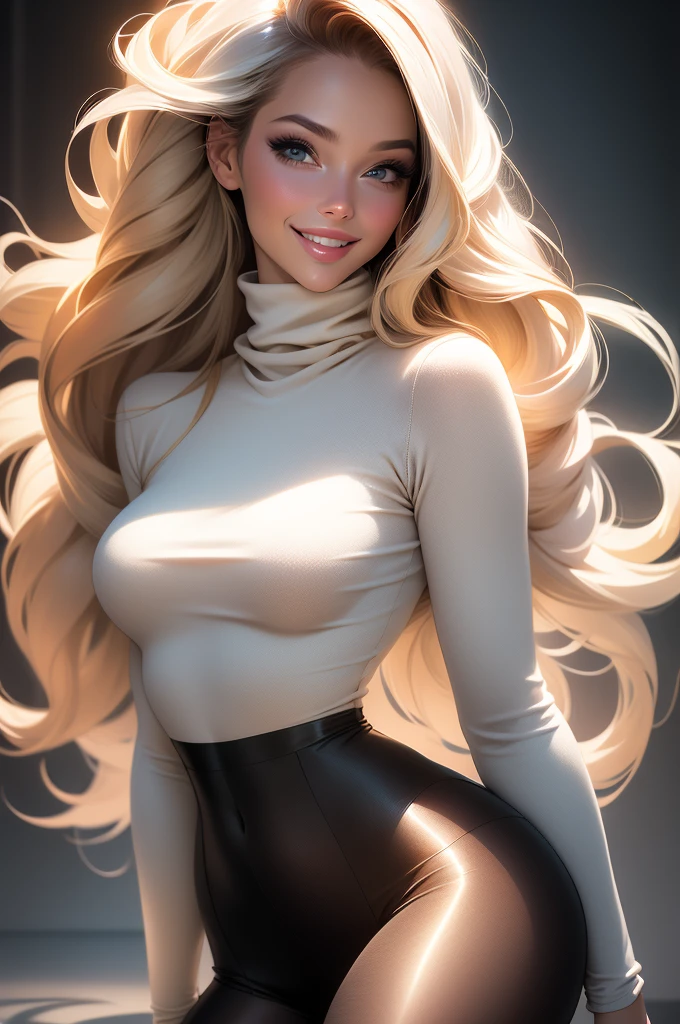 (realistic,photorealistic:1.37),woman,turtleneck sweater wearing,pantyhose wearing,sexy pose,smiling face,detailed eyes,detailed lips,fashionable look,long hair flowing in the wind,contemporary background,studio lighting,vivid colors