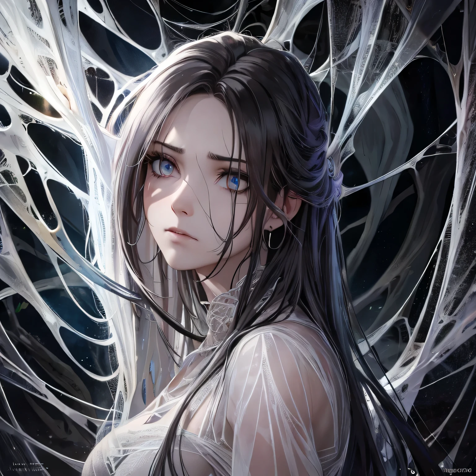 (best quality,4k,highres,masterpiece:1.2),dark gothic,hauntingly detailed,spider web,woman in distress,detailed facial expression,dark eyes,long flowing hair,captivatingly desperate gaze,wisps of cobweb tangled in her hair,dramatic lighting,imprisoned by the silken threads,cocooned in despair,detailed shadows and highlights,dark and eerie atmosphere,web strands shimmering under moonlight,lifelike texture of spider web,emphasize the complexity of the web with fine details,glimmer of hope in her eyes,contrast between light and darkness,velvet-like backdrop,constantly changing lighting effects,subtle hints of fear in her expression,dimly illuminated surroundings,dramatic close-up of her face,dewdrops glistening on the web threads,tangled emotions portrayed through her body language,captivating portrait of vulnerability and strength,dark fantasy theme,ethereal and mysterious mood,sense of entrapment and struggle,faint echoes of distant spiders,ominous presence lurking in the shadows,subtle infusion of color hinting at the unknown,evocative and surreal composition,detailed fineness in each thread of the spider web,eye-catching attention to detail,hypnotizing and unsettling atmosphere,intense emotions conveyed through subtle nuances of expression,transcendent portrayal of the human spirit. gagagged