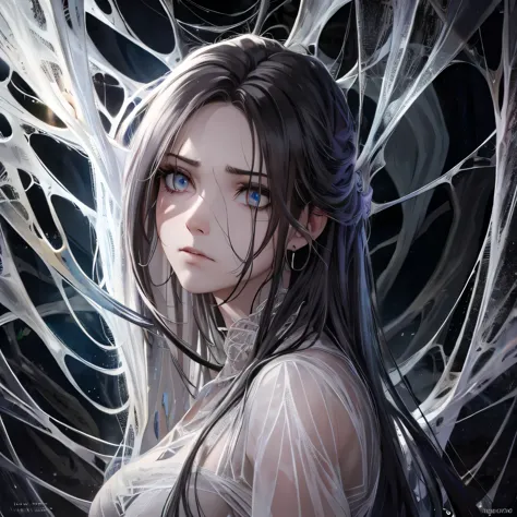 (best quality,4k,highres,masterpiece:1.2),dark gothic,hauntingly detailed,spider web,woman in distress,detailed facial expressio...