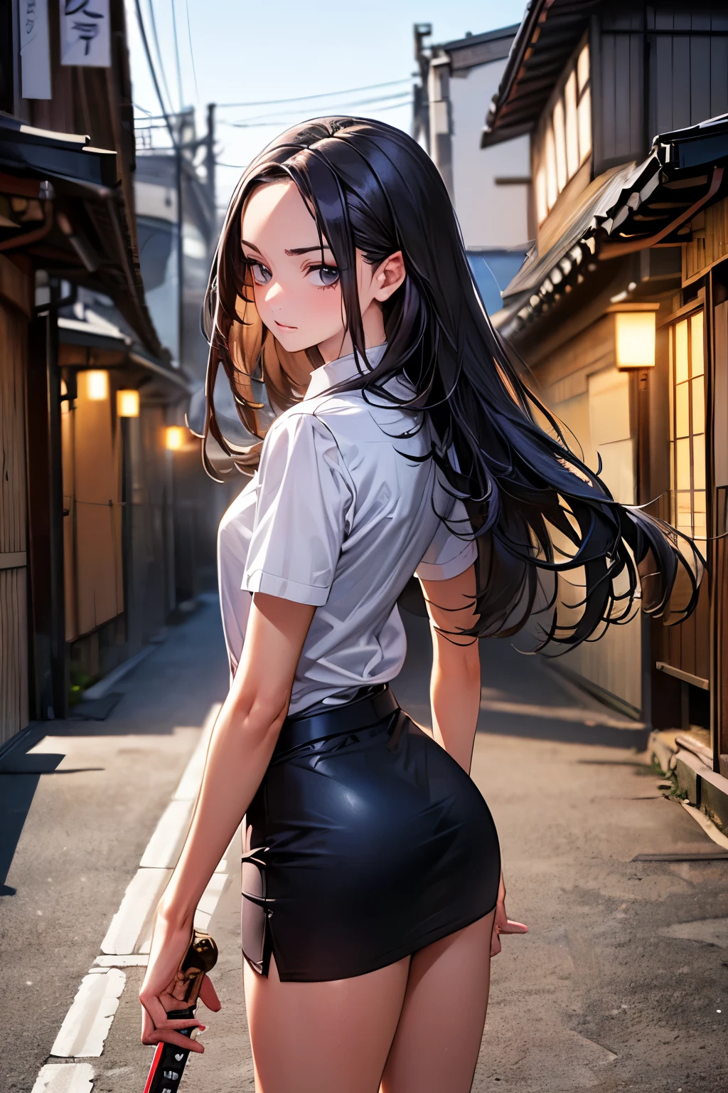 ((perfect anatomy,realistic:1.3,RAW Photography:1.3,masterpiece、highest quality、Ultra - High resolution、High resolution、Highly detailed CG、8K)),cowboy shot,1 female,solo,18-year-old、High school girl swordsman、18-year-oldの美少女,Japanese,(((beautiful detailed face and eyes:1.3,big gorgeous eyes:1.5,gray eyes,shy))),black hair,long bob hair,(center parted hair,forehead),(medium breasts,slender body,small head:1.3,skinny),((oily skin)),(gleaming skin,shiny skin),(black tight mini skirt、black business suit、White shirt、Black tie),Fighting with Japan swords、Accurately depicted Japanese sword、Back Alley、at night、moonlight、Tokyo、