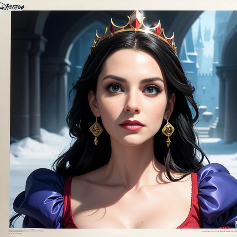 A woman dressed as a queen with a crown, female disney villain, production animation cel, portrait of snow white, disney weta portrait, shaded animation cel, disney villain, evil princess, animation cel, portrait of queen of dreams, snow white, anime cel, anime cels, princess of darkness, disney concept art, disney concept artists, disney poster