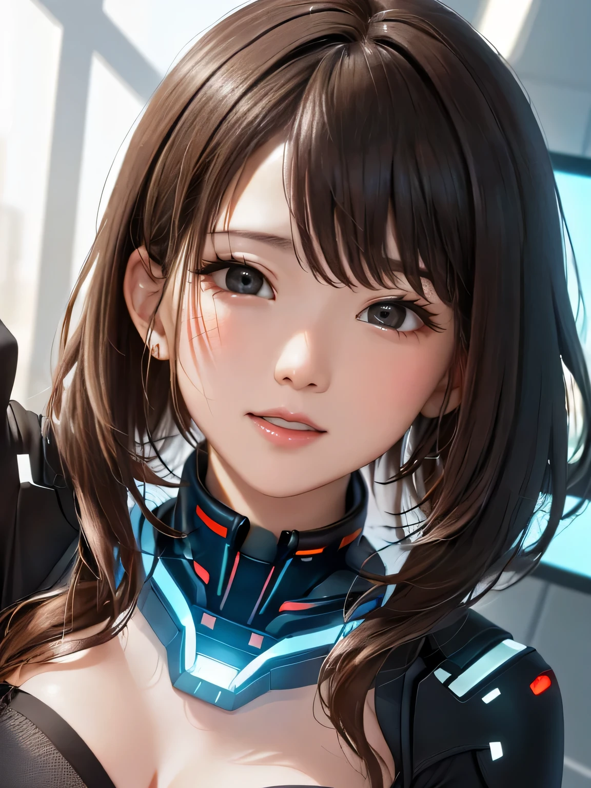 (highest quality:1.4, Add intense highlights to your eyes:1.4, Shiny brown hair up:1.4 ), 1 girl, light brown eyes, droopy eyes, eyelash, droopy eyes:1.5, small eyes, lip gloss:1.4, (droopy eyes, look away), "Futuristic artificial intelligence laboratory、wide々A space with a sense of openness、high ceiling、Natural light streams in through large glass windows、Interactive displays and data visualization on the walls、A large hologram projector in the center displays complex AI algorithms、Researchers wear smart clothing、Work with a tablet or transparent touchscreen、Robot assistant supports experiments、In the background are ongoing projects for image generation and data analysis using AI.、High level of detail、realistic texture、Modern and clean design", ((Ultra realistic details))、Portrait、global illumination、Shadow、octane rendering、8K、super sharp、Huge 、Raw skin exposed in cleavage、Enamel stockings、cinematic lighting effects、