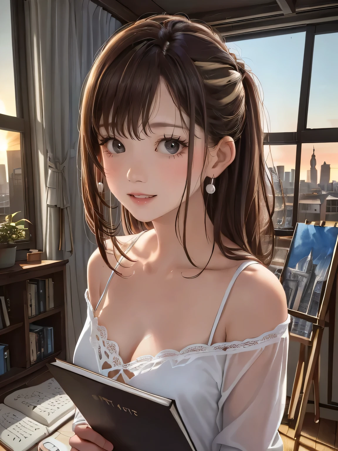 (highest quality:1.4, Add intense highlights to your eyes:1.4, Shiny brown hair up:1.4 ), 1 girl, light brown eyes, droopy eyes, eyelash, droopy eyes:1.5, small eyes, lip gloss:1.4, (droopy eyes, look away), "Urban attic at sunset、Silhouette of a skyscraper seen through a large window、the room is illuminated with warm light、artistic interior、In the center is a large easel and an unfinished canvas.、Paints and brushes scattered on the floor、The attic dweller sits by the window in a relaxed pose、Take a breather and look at the scenery outside、casual outfit、Sketchbook in hand、A thoughtful look on his face、Plants and books are scattered throughout the room.、Creative space、High level of detail、realistic texture", ((Ultra realistic details))、Portrait、global illumination、Shadow、octane rendering、8K、super sharp、Huge 、Raw skin exposed in cleavage、Enamel stockings、cinematic lighting effects、