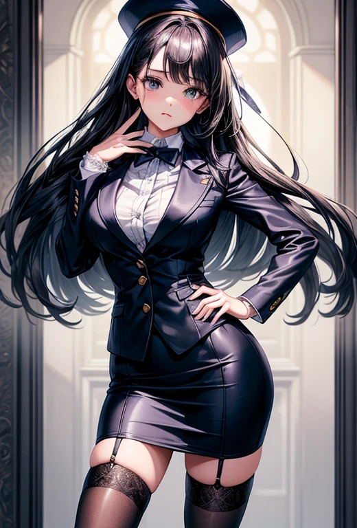 ((highest quality)), ((masterpiece)), (detailed), One Girl, Perfect Face, OL、Beautiful girl、Outstanding style、nice buddy、glamorous、Big Breasts、navy blue business suit、Skirt、Garter belt and black 30 denier stockings、High heels、office、standing、The whole body is visible