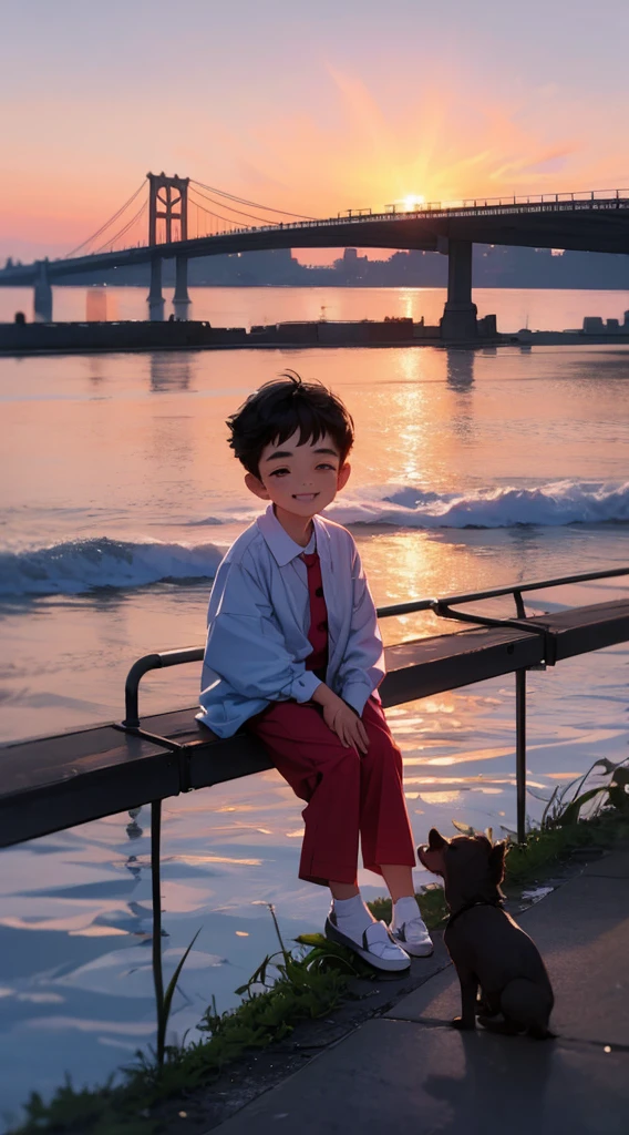 A happy little boy，Dressed in casual attire，Wear slippers，Sit on grass，The background is the cross-sea bridge，There is a cute little dog next to it，Sunset and sunset，Face the camera，Full body photo，Ultra-high definition
