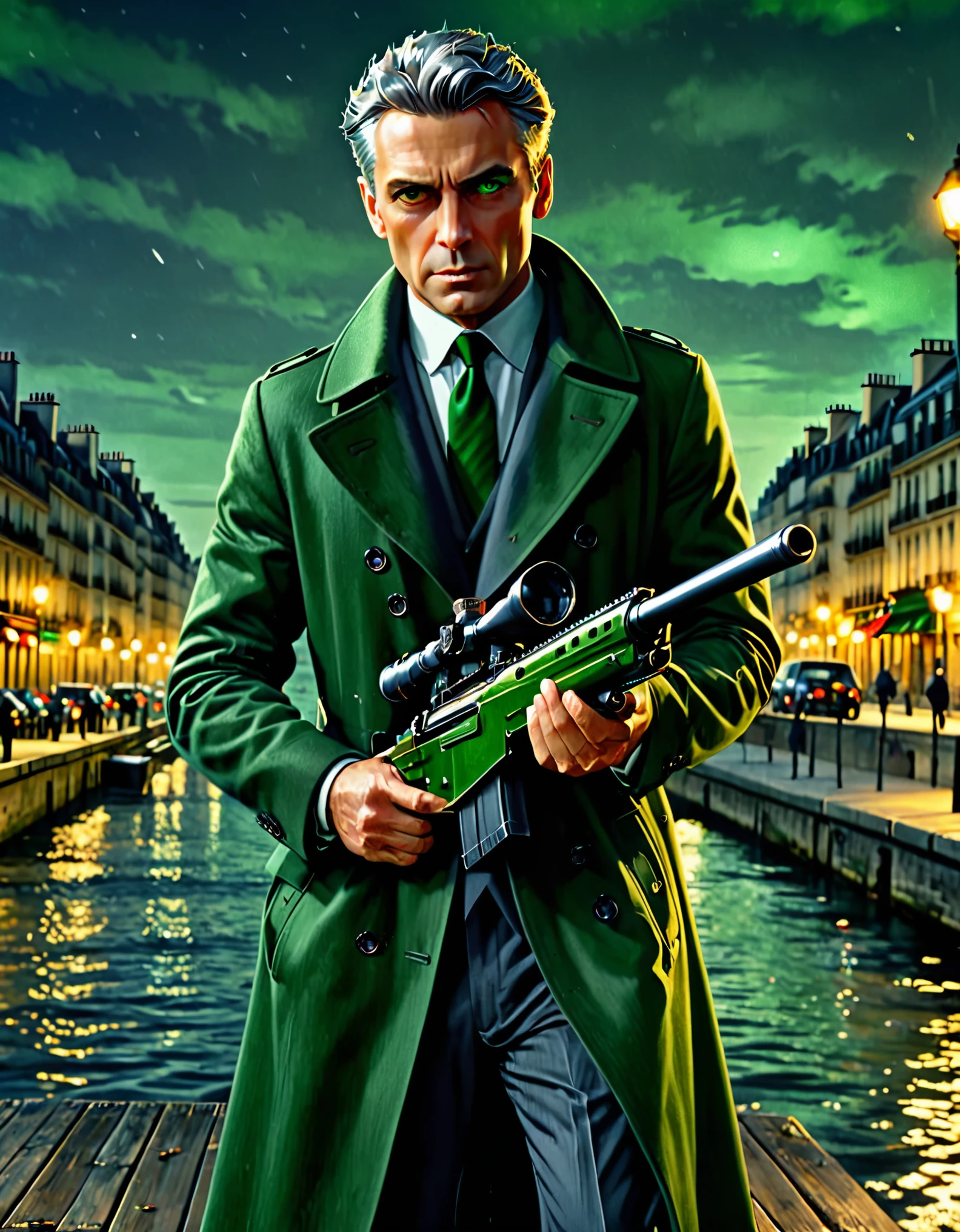masterpiece, best quality, hyper detailed, ultra detailed, 1man, solo, solo focus, arafed french man in a coat, (using sniper rifle), tall body, middle-aged man, professional, relaxed but determined, serious but cool, he's a hitman in peacoat, he is wearing a green trenchcoat, dark green suit and tie, slacks, black dress shoes, full body and head shot, full body shoot, full-body-shot, fullbody shot, dock, paris, night backdrop, film noire atmosphere, reddish grey hair, green eyes, hair over one eye, secret agent, spy, midnight, noir lighting.