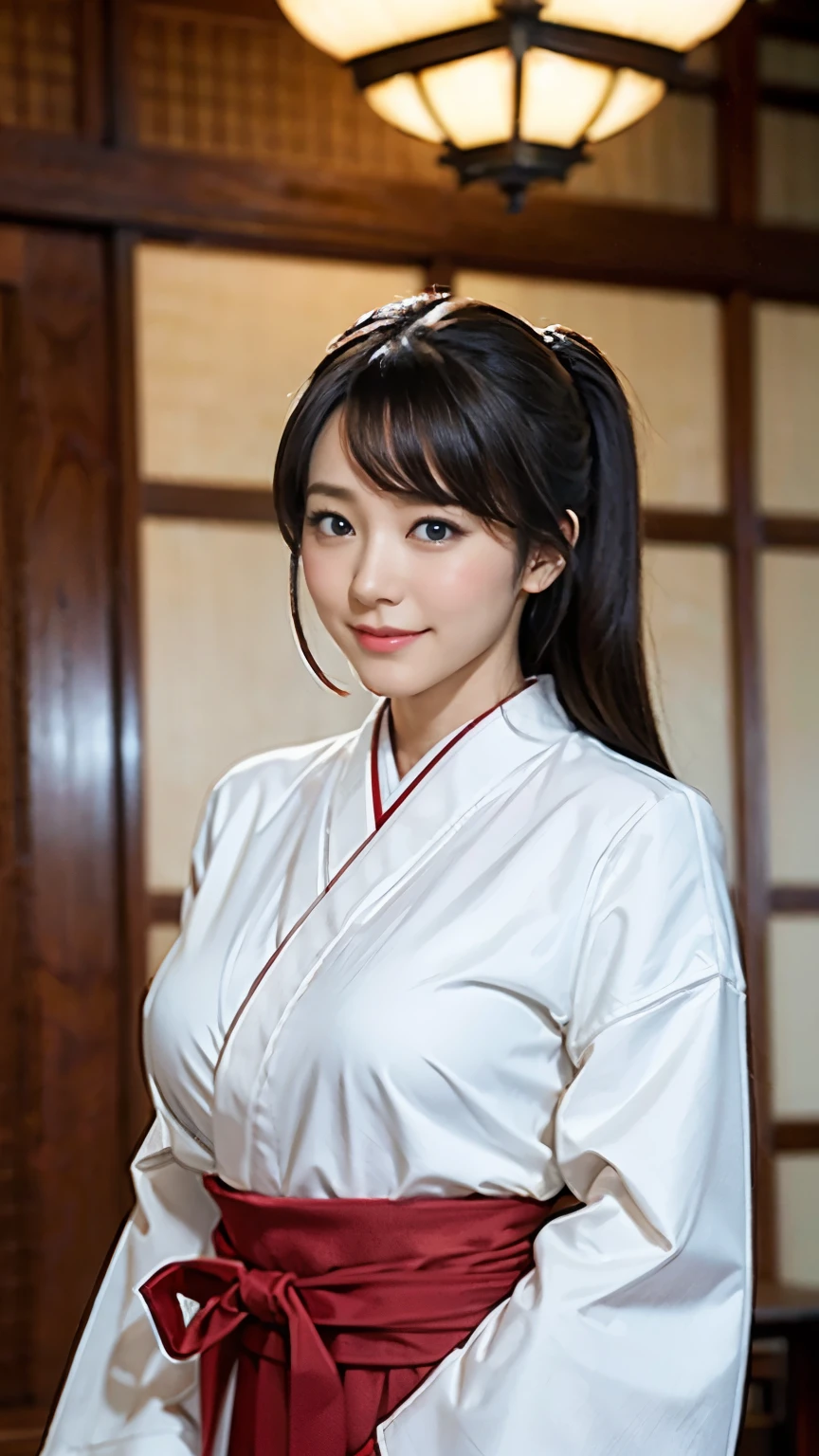 (highest quality、8k、Masseter muscle area、Delicate illustrations、Whole Body Ezbian)、Young and beautiful Japan priestess、shiny very long black hair（Tie at the back）,Plump body（Huge boobs）, （（White kimono、Red too）1.2）、A gentle smile、Dancing at the shrine of Japan