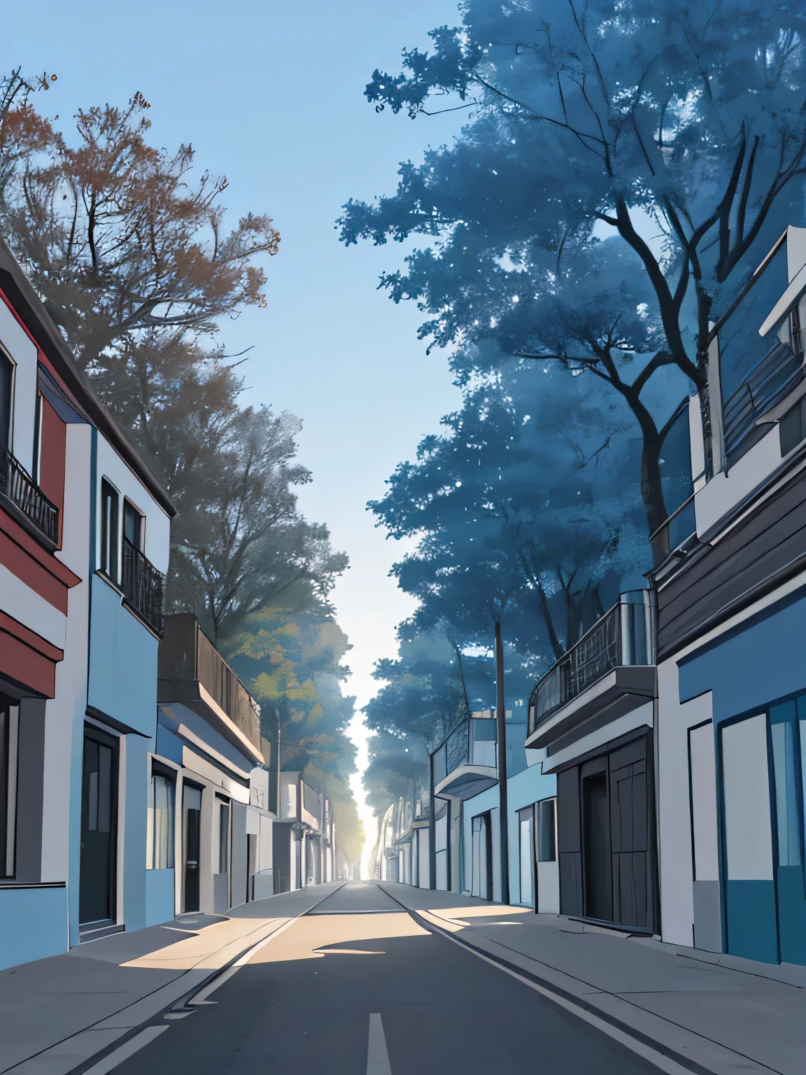 An empty street with trees while watching the sunrise appear, el cielo color azul y despejado, 