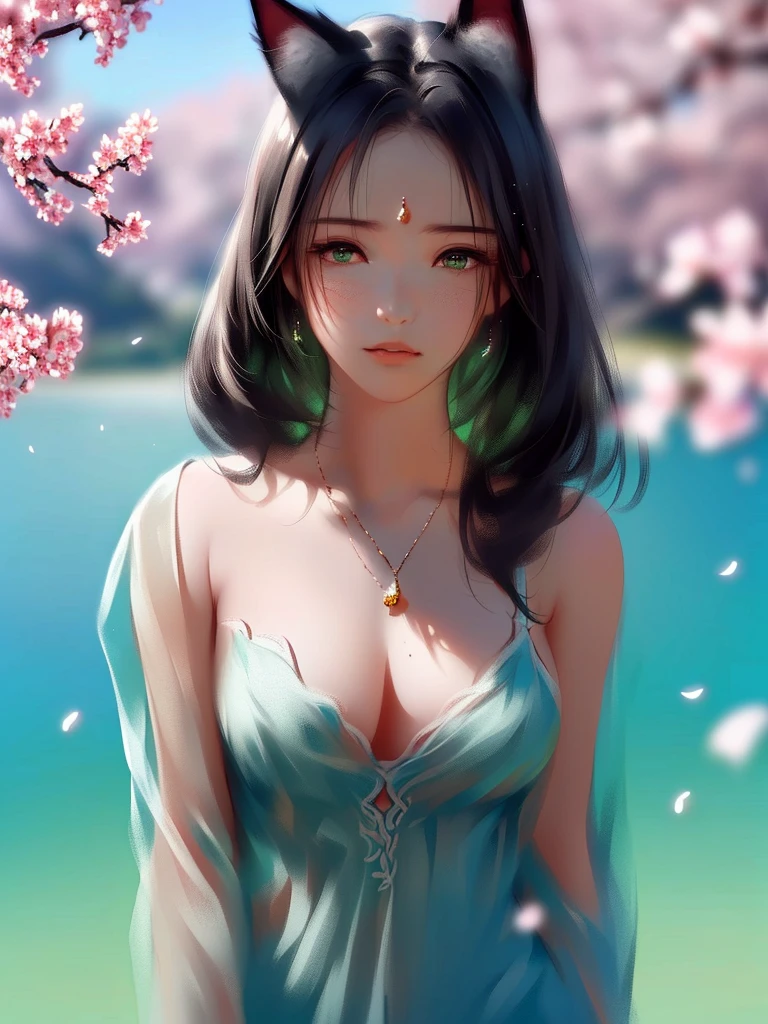 anime style, super fine illustration, highly detailed, dynamic angle, beautiful detailed, 8k, A girl is impressed by the cherry blossoms in Fuji-Hakone Izu National Park and the blue sky by the lakeside with Mt. Cherry blossom petals are dancing in the wind, the surface of the lake is calm, and the girl's expression is sincerely moved by the beauty of nature. very good illustration, High detail, dynamic angle, beautiful detailing,2D, (Best quality, masterpiece, Beauty, tenderness), Anime, Highly detailed face, very detailed eyes, very detailed background, Ideal lighting, Whole body, 1 girl, One, (Very detailed cat ears), (Very detailed ears behind the hair), Finely detailed eyes, ears covered with hair,