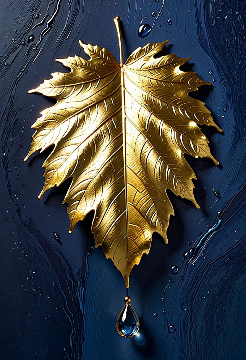 The image shows a work of art depicting a drop of gold. The drop is meticulously detailed, with the veins and textures of the leaf realistically rendered. The drop of gold has a shiny, metallic appearance, and the drop is set against a plain blue background, which contrasts with the golden color and highlights the details of the drop. The artwork is probably created using a technique that involves applying fine gold leaf to a surface, a common method for creating decorative or artistic pieces.

Translated with DeepL.com (free version)