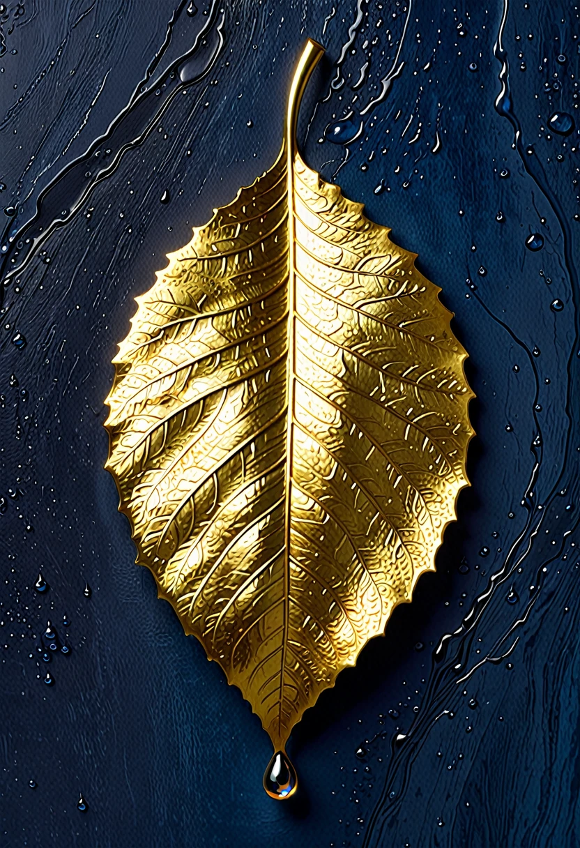 The image shows a work of art depicting a drop of gold. The drop is meticulously detailed, with the veins and textures of the leaf realistically rendered. The drop of gold has a shiny, metallic appearance, and the drop is set against a plain blue background, which contrasts with the golden color and highlights the details of the drop. The artwork is probably created using a technique that involves applying fine gold leaf to a surface, a common method for creating decorative or artistic pieces.

Translated with DeepL.com (free version)