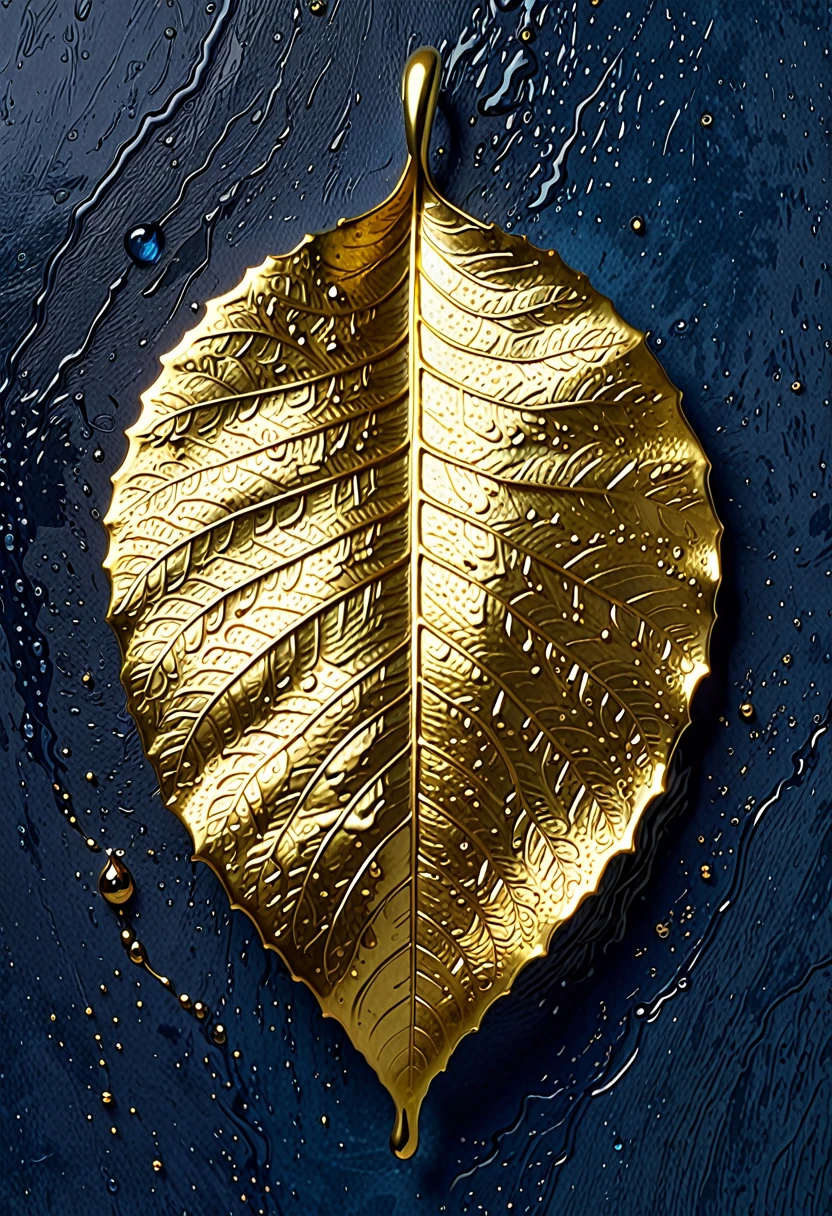 The image shows a work of art depicting a drop of gold. The drop is meticulously detailed, with the veins and textures of the leaf realistically rendered. The drop of gold has a shiny, metallic appearance, and the drop is set against a plain blue background, which contrasts with the golden color and highlights the details of the drop. The artwork is probably created using a technique that involves applying fine gold leaf to a surface, a common method for creating decorative or artistic pieces.

Translated with DeepL.com (free version)