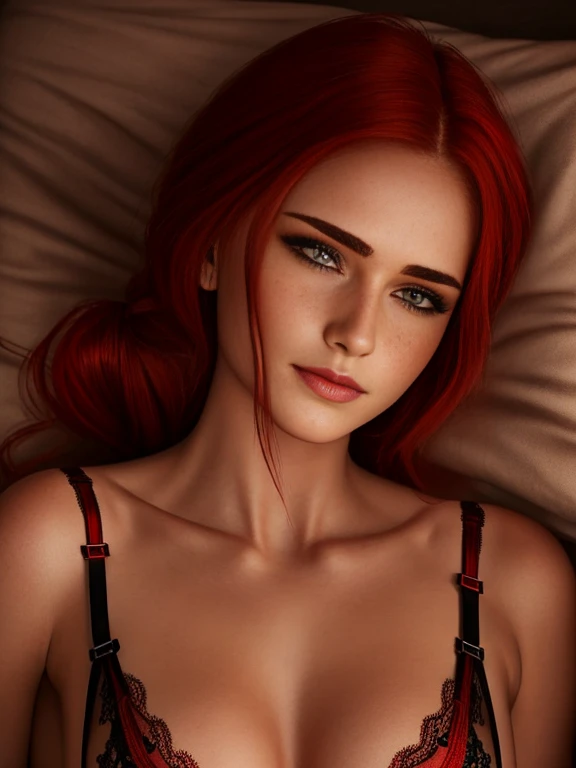 Belle rousse avec un visage réaliste comme une fille russe, lèvres rouges et cheveux roux sans taches de rousseur sur le visage. ((cheveux bouclés en désordre)) ((Assis sur le lit)) corps mince et réaliste ((lingerie érotique noire et rouge))photographie ultra-réaliste prise avec l&#39;iPhone 14