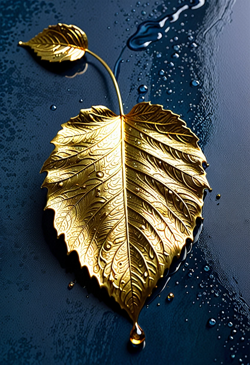The image shows a work of art depicting a drop of gold. The drop is meticulously detailed, with the veins and textures of the leaf realistically rendered. The drop of gold has a shiny, metallic appearance, and the drop is set against a plain blue background, which contrasts with the golden color and highlights the details of the drop. The artwork is probably created using a technique that involves applying fine drops of gold to a surface, a common method for creating decorative or artistic pieces.