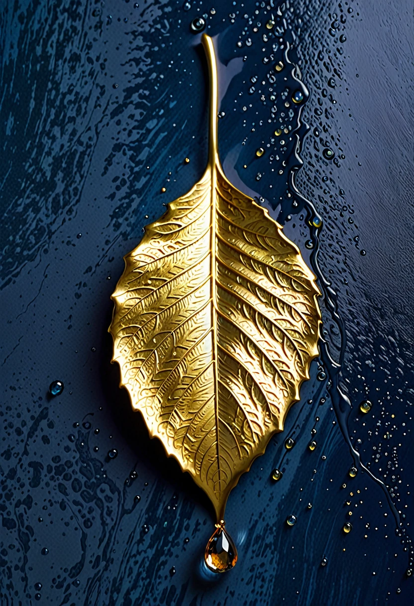 The image shows a work of art depicting a drop of gold. The drop is meticulously detailed, with the veins and textures of the leaf realistically rendered. The drop of gold has a shiny, metallic appearance, and the drop is set against a plain blue background, which contrasts with the golden color and highlights the details of the drop. The artwork is probably created using a technique that involves applying fine drops of gold to a surface, a common method for creating decorative or artistic pieces.
