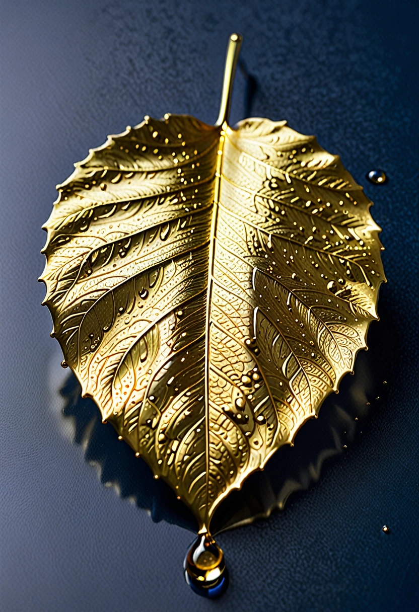 The image shows a work of art depicting a drop of gold. The drop is meticulously detailed, with the veins and textures of the leaf realistically rendered. The drop of gold has a shiny, metallic appearance, and the drop is set against a plain blue background, which contrasts with the golden color and highlights the details of the drop. The artwork is probably created using a technique that involves applying fine drops of gold to a surface, a common method for creating decorative or artistic pieces.