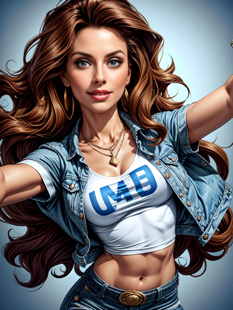 1woman 30year old, solo, long curly hair, looking at viewer, detailed eyes, shy smile,jewelry, medium breasts, earrings, midriff, belt, blue denim jacket over tight white t-shirt,mini skirt,necklace, bracelet, lips,((dynamic pose)), ((dynamic angle)),