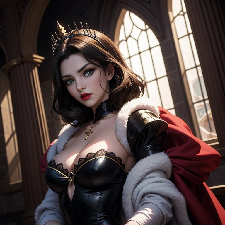 anime artwork of sharp detailed cinematic film look of Evil Queen, a woman dressed as evil queen with red lips and green eyes staring at camera in a dark room in a castle 1500s 15th century, anime style, key visual, vibrant, studio anime, highly detailed, Disney's Wicked Queen from Snow White. 