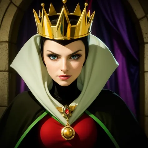 Masterpiece, best quality, detailed face, perfect eyes, Evil Queen, black cowl, mirror behind her, looking at viewer, 