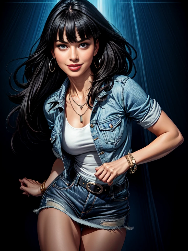 1woman 30year old, solo, long straight black hair, bangs,looking at viewer, detailed eyes, shy smile,jewelry, medium breasts, earrings,belt, blue denim jacket over tight white t-shirt,mini skirt,necklace, bracelet, lips,((dynamic pose)), ((dynamic angle)),