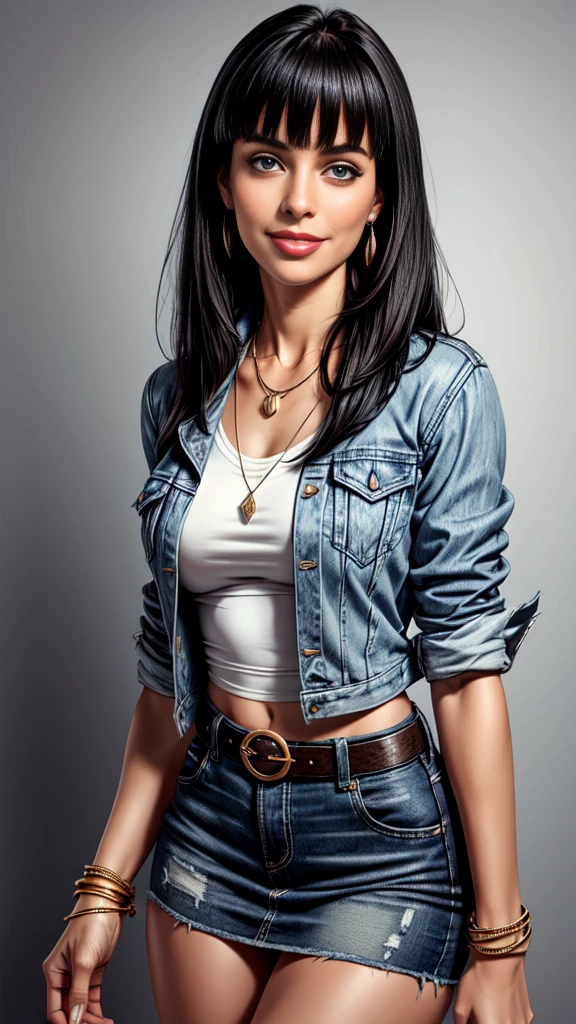 1woman 30year old, solo, long straight black hair, bangs,looking at viewer, detailed eyes, shy smile,jewelry, medium breasts, earrings,belt, blue denim jacket over tight white t-shirt,mini skirt,necklace, bracelet, lips,((dynamic angle)),