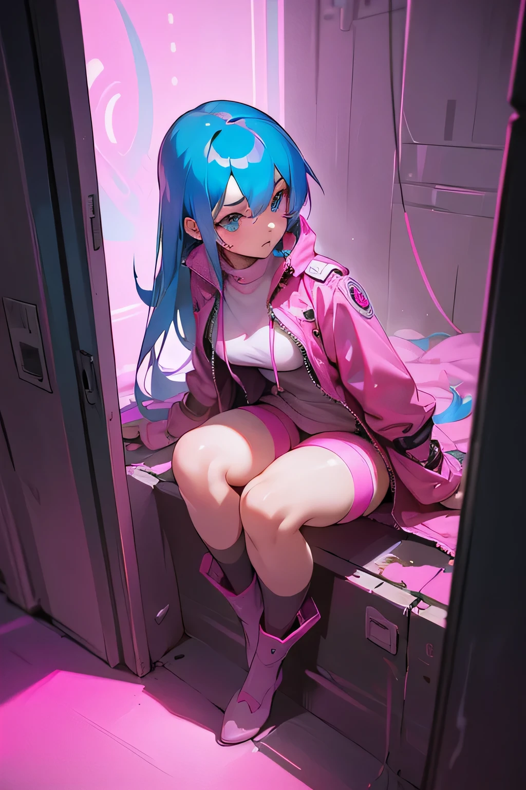 Anime girl with blue hair sitting on a bench in a room - SeaArt AI