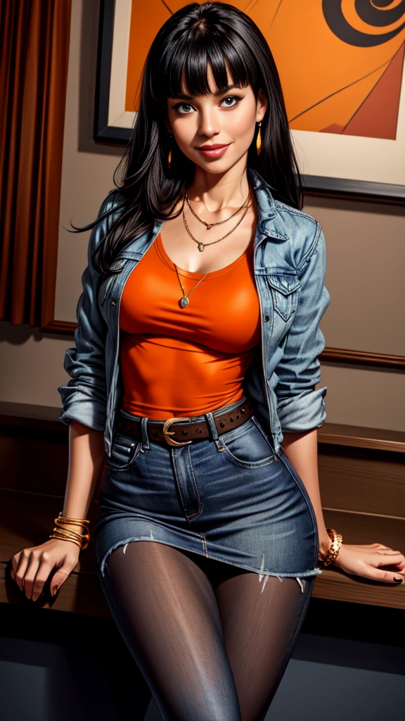 1woman 30year old, solo, long straight black hair, bangs,looking at viewer, detailed eyes, shy smile,jewelry, medium breasts, earrings,belt, blue denim jacket over tight orange t-shirt,mini skirt,pantyhose,necklace, bracelet, lips,((dynamic angle)),