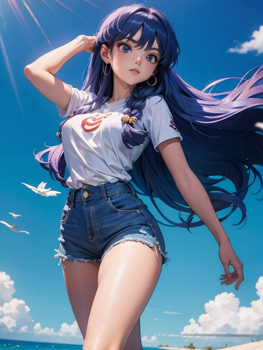 Anime 紫色头发 com short jeans , 16年, 美丽的身体, 大乳房, com as 双手放在胸前, 双手放在胸前, chica 性感, 紫色头发, 侧边头发亮点, 脸侧面的几缕头发, 美丽的灯光, 柔和的阴影, 蓝眼睛, 漂亮的腿, 穿过长长的房子, 动漫风格, 香波酱角色, 高桥留美子, 根据高桥留美子的作品改编, 动漫 乱马 1/ 2, 性感 decoration, 强健的臀部, 全身, 全身, 大胸围, 年轻的女孩，拥有美丽美丽的身体, 他脚上的凉鞋, garota 16年 jovem, 穿着牛仔短裤和透明白色 T 恤的动漫角色, 动漫女孩, 动漫风格, 穿着凉鞋的美丽脚, 45°视角, 户外的, 大胸, 美丽的胸部, 紫色头发, 脚上穿凉鞋, 漂亮的腿, 性感