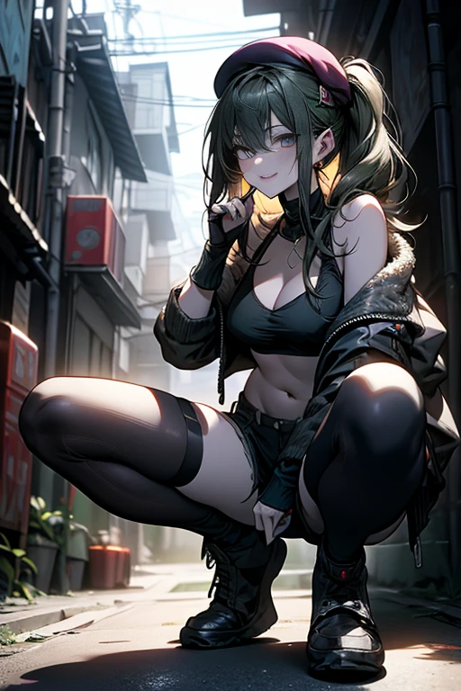 ubel,((ubel of Frieren: Beyond Journey's End )),dark green hair,long hair,side ponytail,hair between eyes,bangs, BREAK (beret, black jacket, open clothes, cleavage, midriff, black shorts, black thighhighs, thigh strap, fingerless gloves, single glove:1.2) , (dynamic angle:1.3, front view:1.1, breast focus:1.3, from below:1.2), (dynamic posing:1.5, sexy posing:1.2, leaning forward), (seductive smiling:1.3),(*K) HD, highest quality, WorKs of masters, High resolution, spread legs, panties shot,1 girl, small nose,(with sparkling eyes and a contagious smile), very beautiful detailed face and eyes, bright colors, cute face, delicate beautiful face, Bright magenta eyes, cute eyes, sparkling eyes, Big eyes, (big breasts:1.3), (perky chest:1.1), (pointed chest:1.0), medium hips, glamorous body, white skin, smile, thin pubric hair, shiny hair, super beautiful face, Super beautiful eyes, Super beautiful hair，trendy outfit，sexy and attractive，explosion of colors，big hairpin，full body esbian，illegal occupation, Real World, Natural light,perfect Natural light,looking at viewer,