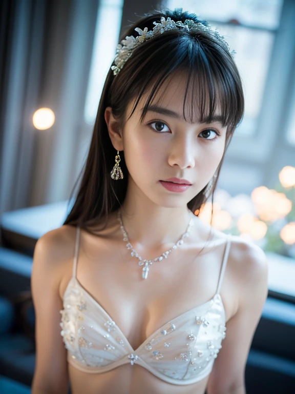 masterpiece, best quality, illustration, sax blue, platinum earrings, platinum necklace, white dress, 1girl, cute, (dynamic lighting:1.2), cinematic lighting, delicate facial features, detailed eyes, sharp pupils, realistic pupils, depth of field, bokeh, sharp focus, (hyper-detailed, bloom, glow:1.4), many small gems, (small breasts:1.1), sexy belly