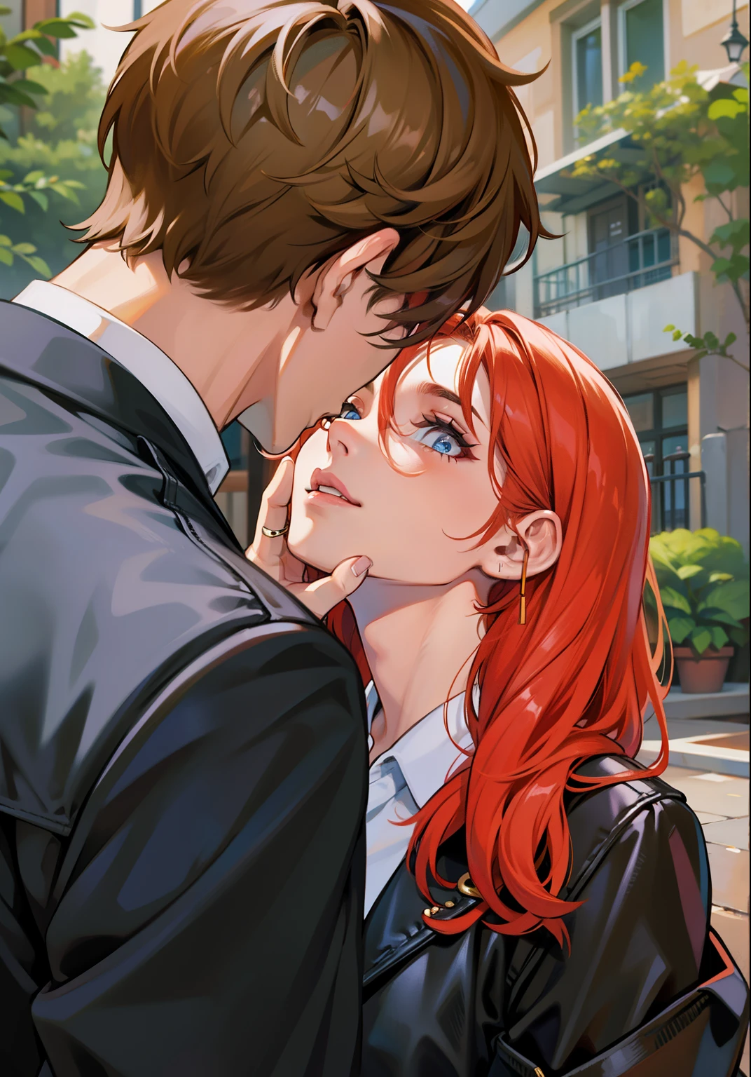 A boy with brown hair takes the face of a girl with red hair and eyes