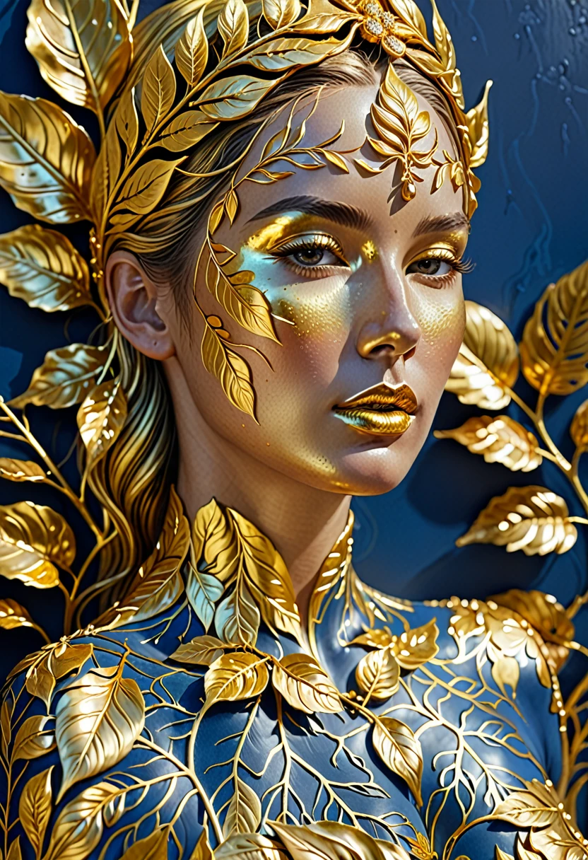 The image shows a work of art depicting a golden woman. The woman is meticulously detailed, with the veins and textures of the leaf realistically rendered. The golden woman has a shiny, metallic appearance, and the woman is set against a plain blue background, which contrasts with the golden color and highlights the details of the drop. The artwork is probably created using a technique that involves applying fine gold women to a surface, which is a common method for creating decorative or artistic pieces.