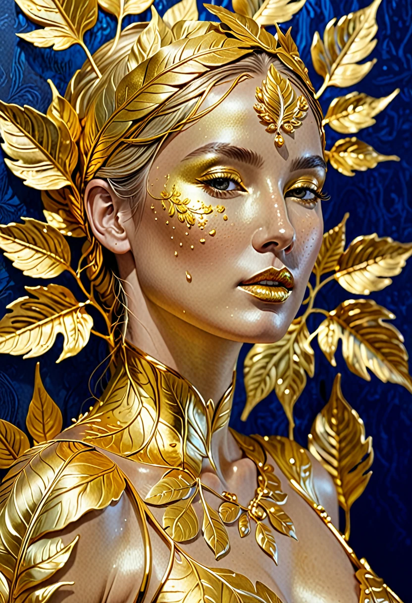 The image shows a work of art depicting a golden woman. The woman is meticulously detailed, with the veins and textures of the leaf realistically rendered. The golden woman has a shiny, metallic appearance, and the woman is set against a plain blue background, which contrasts with the golden color and highlights the details of the drop. The artwork is probably created using a technique that involves applying fine gold women to a surface, which is a common method for creating decorative or artistic pieces.