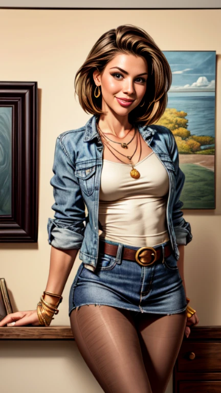 1woman 25 year old, solo, short straight hair,ooking at viewer, detailed eyes, shy smile,jewelry, medium breasts, earrings,belt, blue denim jacket over tight beige t-shirt,mini skirt,sheer tan pantyhose,boots, necklace, bracelet, lips
