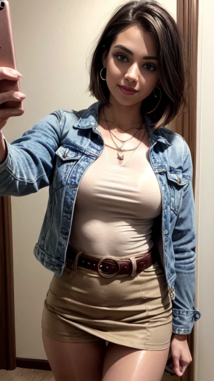 1woman 25 year old, solo, short straight hair,ooking at viewer, detailed eyes, shy smile,jewelry, medium breasts, earrings,belt, blue denim jacket over tight beige t-shirt,mini skirt,sheer tan pantyhose,boots, necklace, bracelet, lips